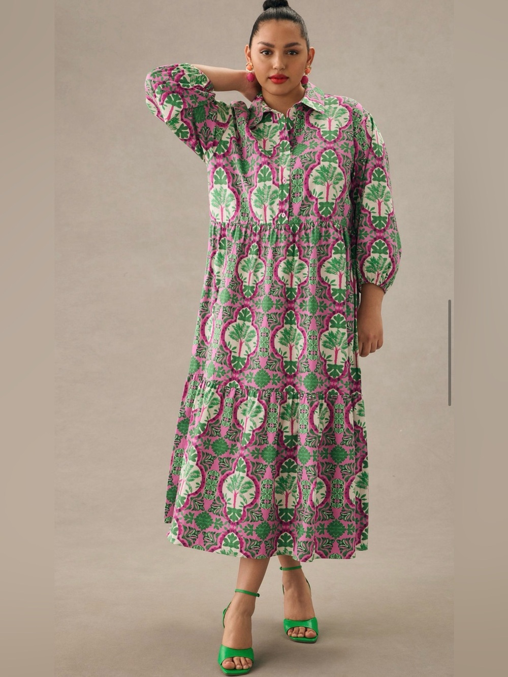 Anthropologie Maeve The Bettina Midi Dress, shirt dress, medium green pink - Picture 2 of 7